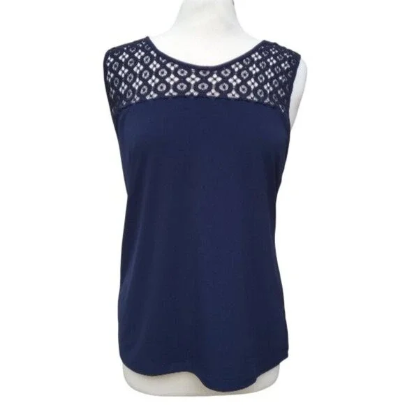 Carmen Marc Valvo Navy Blue Crochet Lace Yoke Keyhole Back Tunic Tank Blouse M - Picture 2 of 8